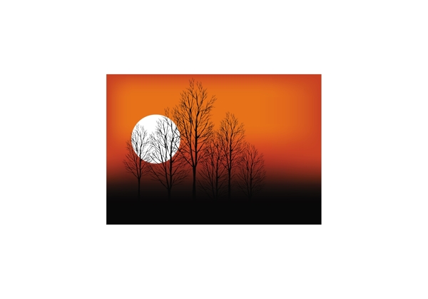 落日树木风景矢量图