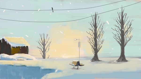 雪地村庄风景冬季初雪手绘插画
