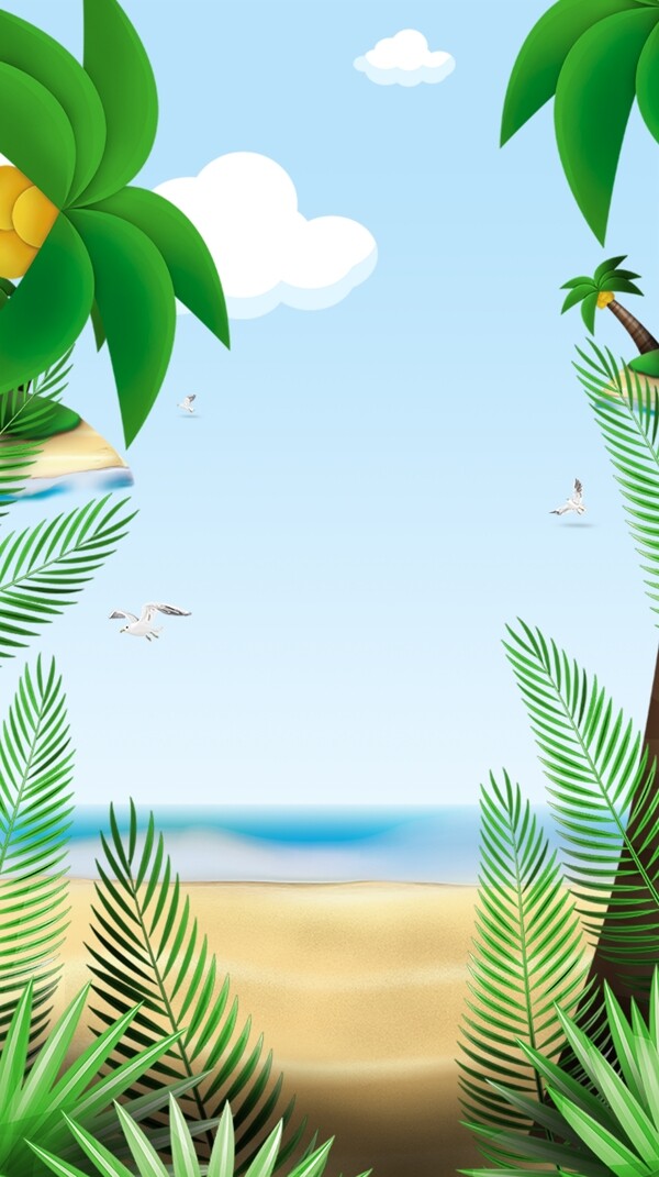 夏季手绘芭蕉叶海滩沙滩广告背景
