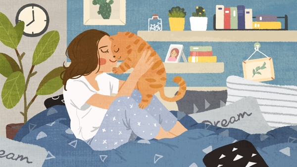 卧室里抱着小猫玩耍的小女孩卡通背景