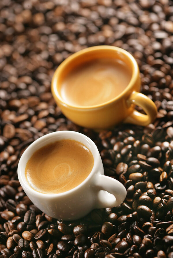 咖啡豆上两杯香醇咖啡图片