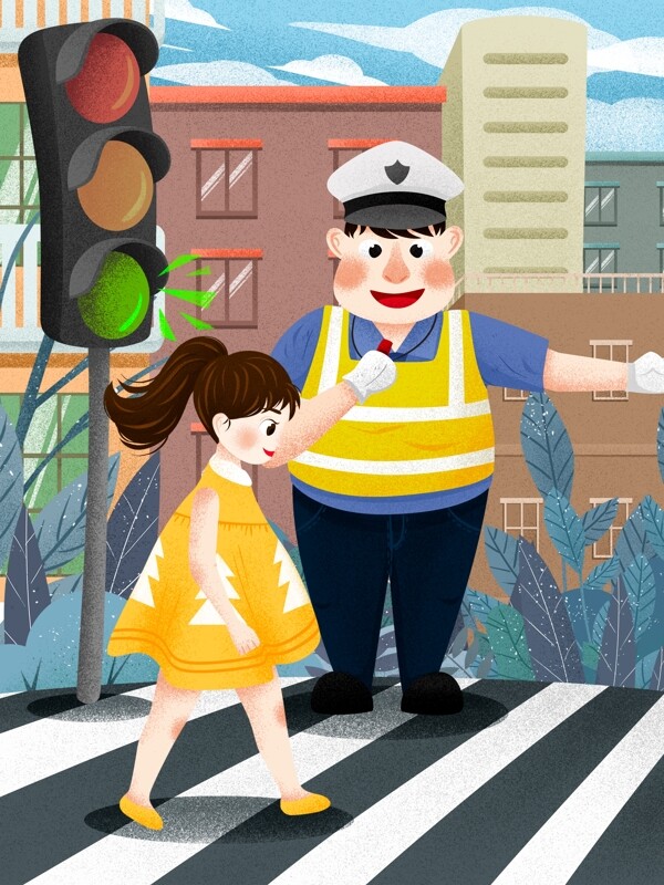 安全出行文明交通交警指示女孩过斑马线插画