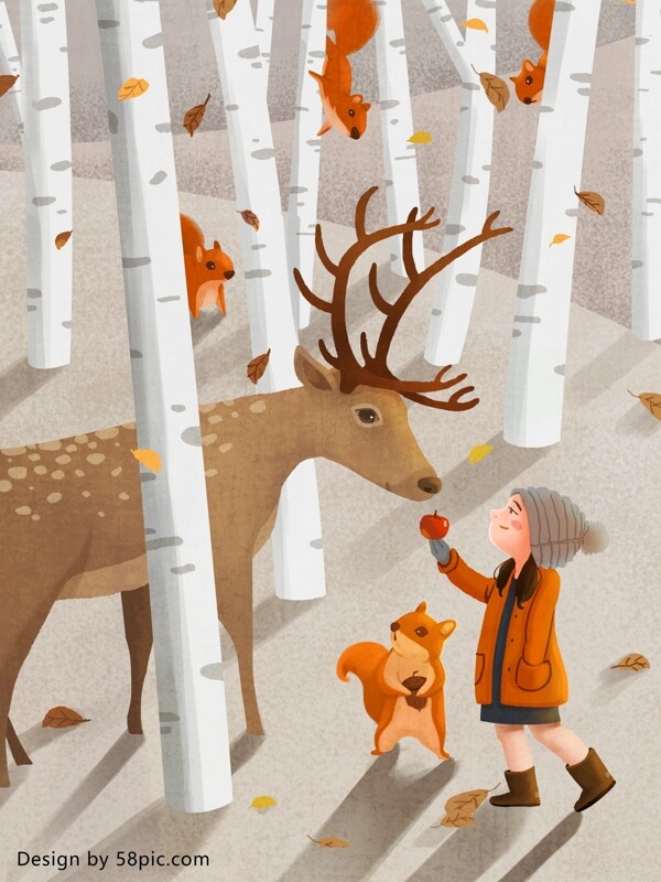 林深见鹿女孩与鹿原创手绘插画