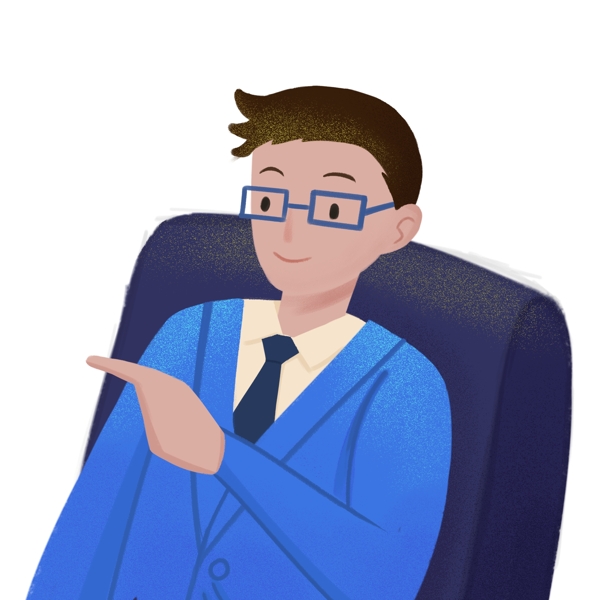 手绘卡通坐在椅子上指示前方的蓝西服眼镜男
