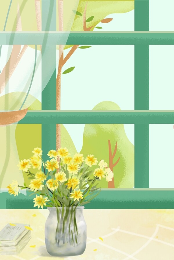 五月窗台花束背景图片