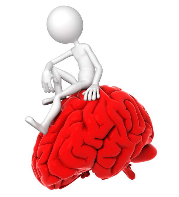 三维的人一个体贴的姿势坐在红色的大脑