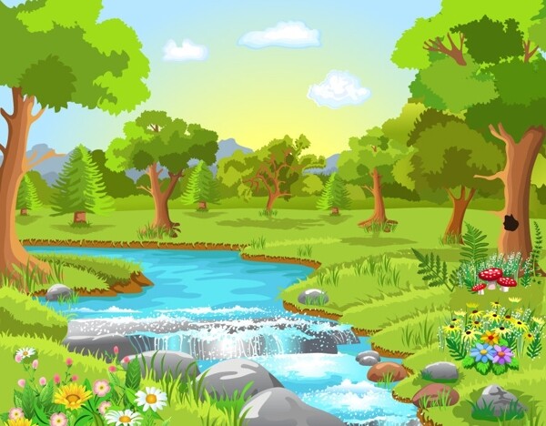 卡通蓝天白云绿树河流图片