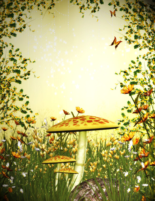 童话背景蘑菇蝴蝶花朵图片