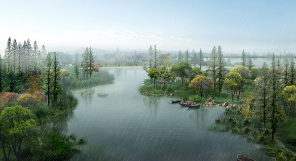 河边雨景景观设计图片