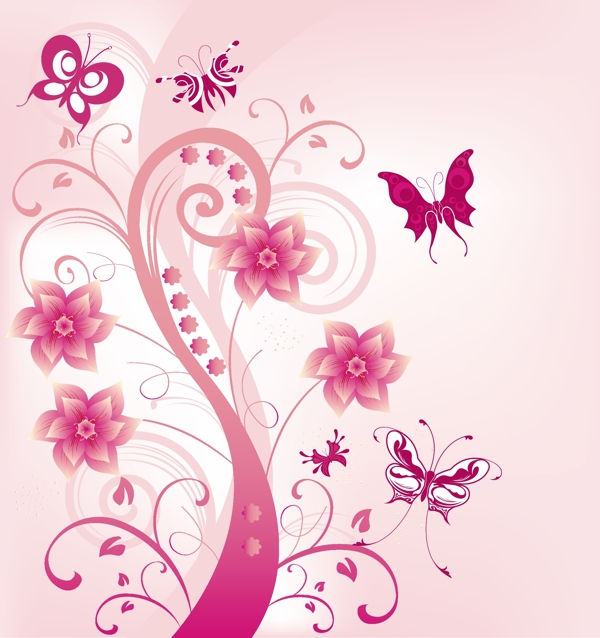 粉红色花的涡流与蝶类矢量插画
