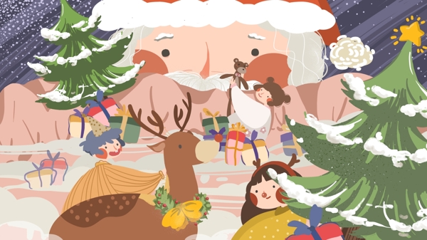 小清新可爱插画圣诞节圣诞老人与小朋友