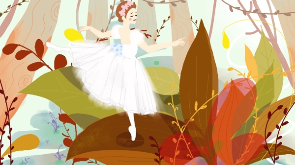 森林公主唯美芭蕾舞蹈小清新插画