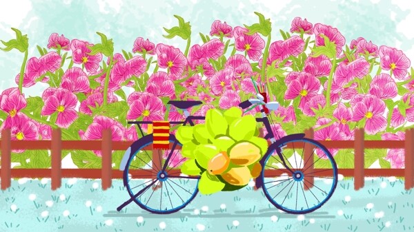 8月你好花朵自行车插画