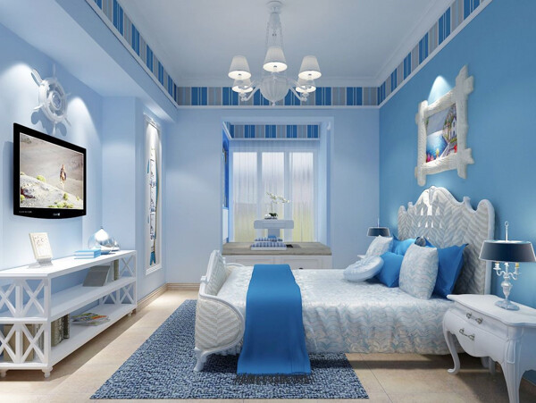 纯美地中海卧室蓝色墙面装修效果图