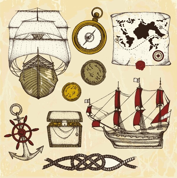 复古海盗船指南针地图珠宝箱矢量素材