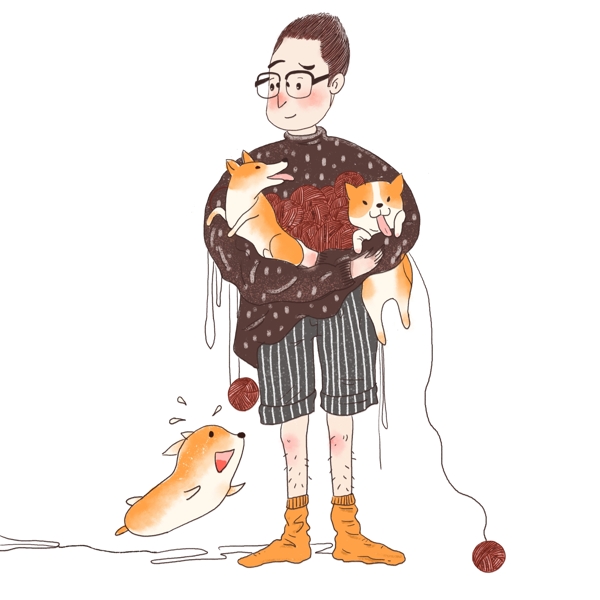 手绘卡通抱着小狗的男人和毛线球