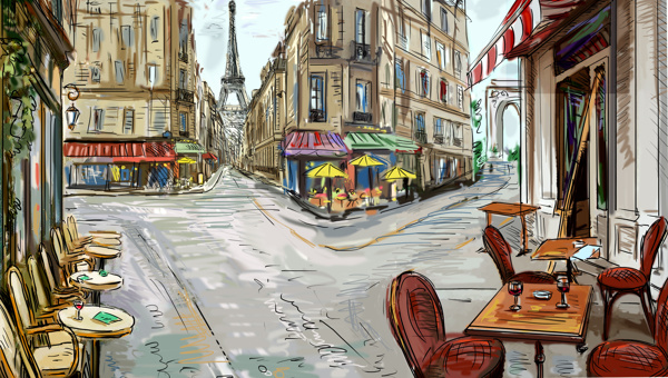手绘巴黎街道景色