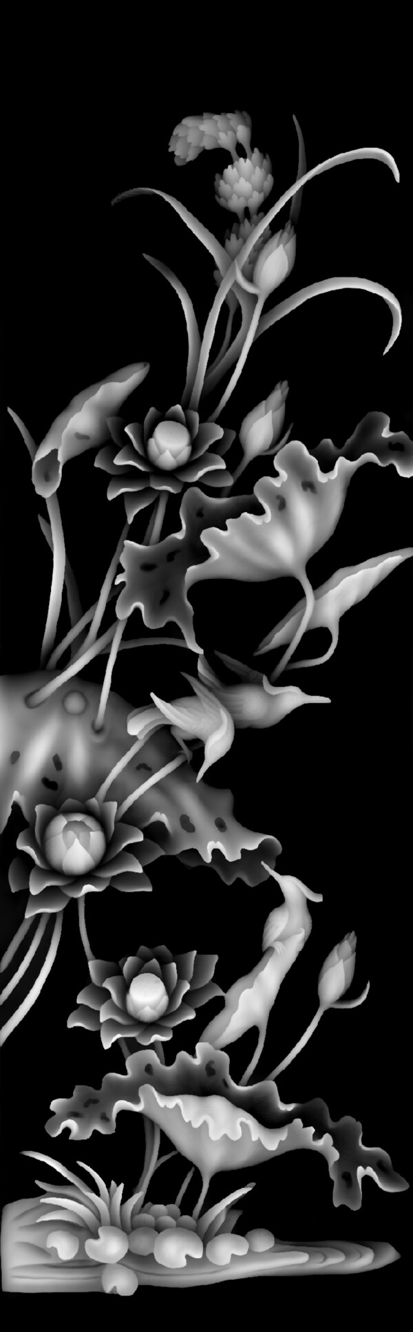 牡丹花花瓶浮雕灰度图