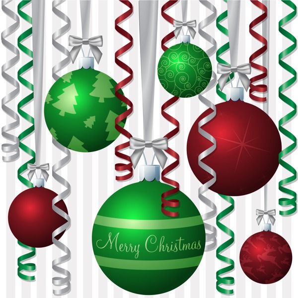 英国的红色和绿色的丝带和小玩意的启发圣诞卡的矢量格式
