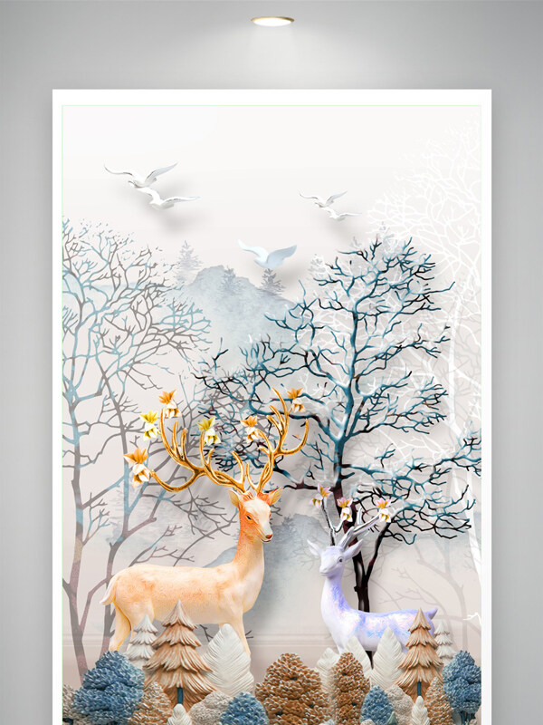 简约鹿玄关单画装饰画图案背景