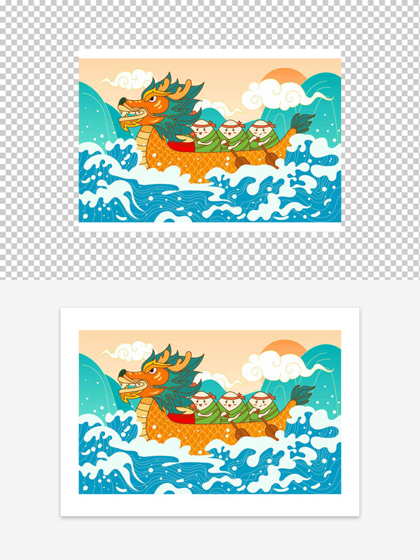 粽子在水上划龙舟中国风卡通插画