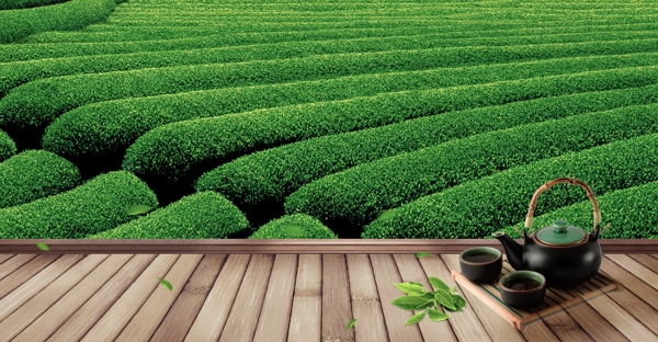 茶园茶壶绿色清新古风素材背景