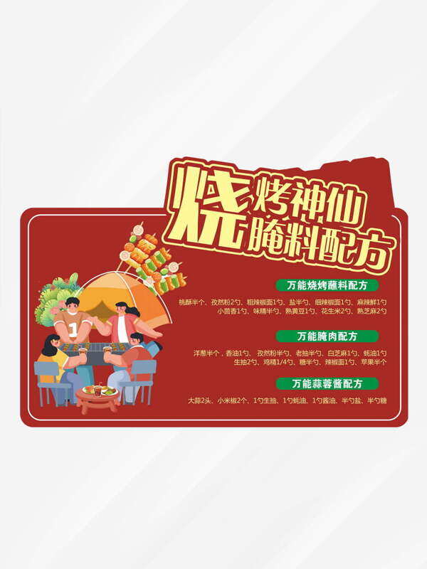 红色背景扁平卡通插画烧烤神仙腌料配方