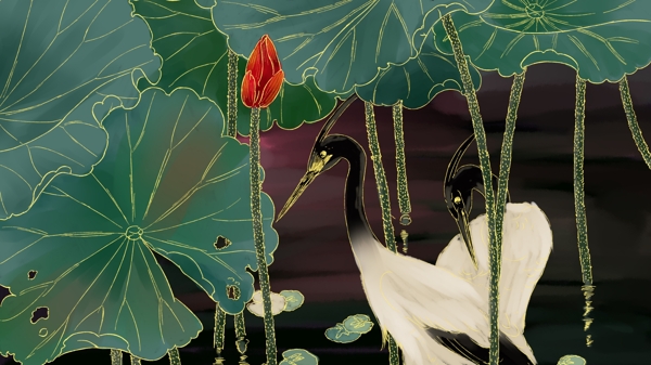 流光溢彩荷花花卉荷叶丹顶鹤植物手绘插画