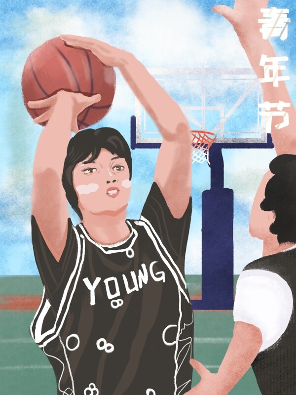 青年节男青年篮球场打篮球原创插画