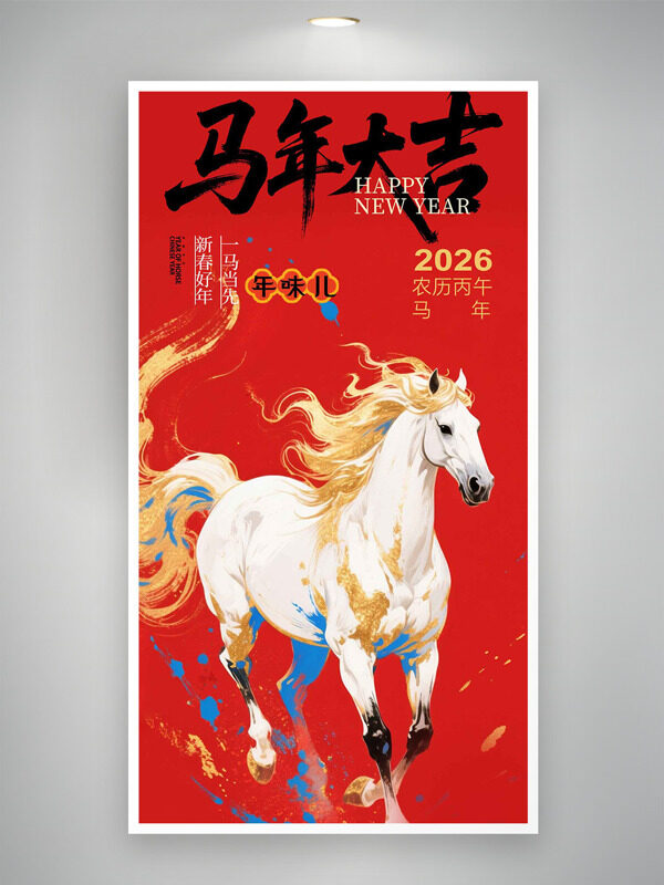 手绘白色骏马红色喜庆背景马年大吉新春节日海报