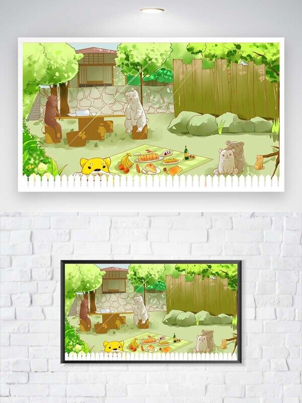 卡通小动物在院子里吃面包水果晒太阳