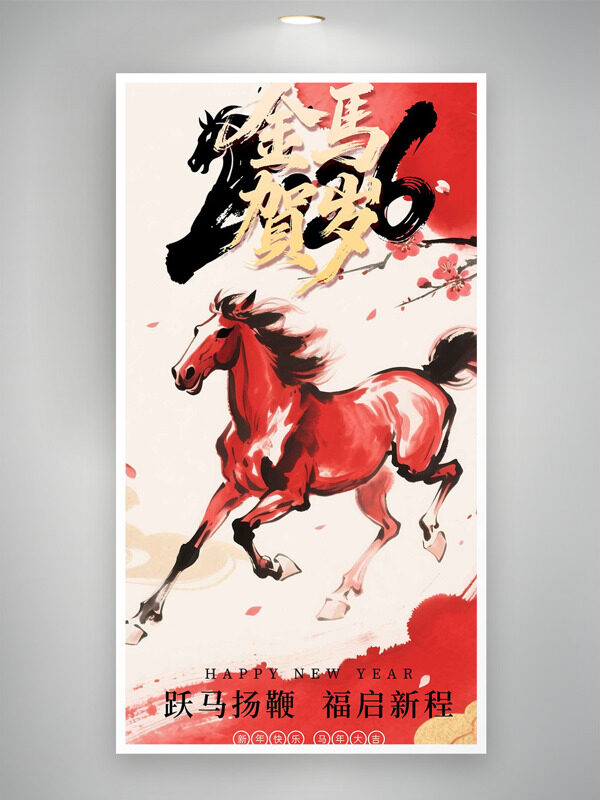 跃马扬鞭福启新程中式风手绘骏马节日海报