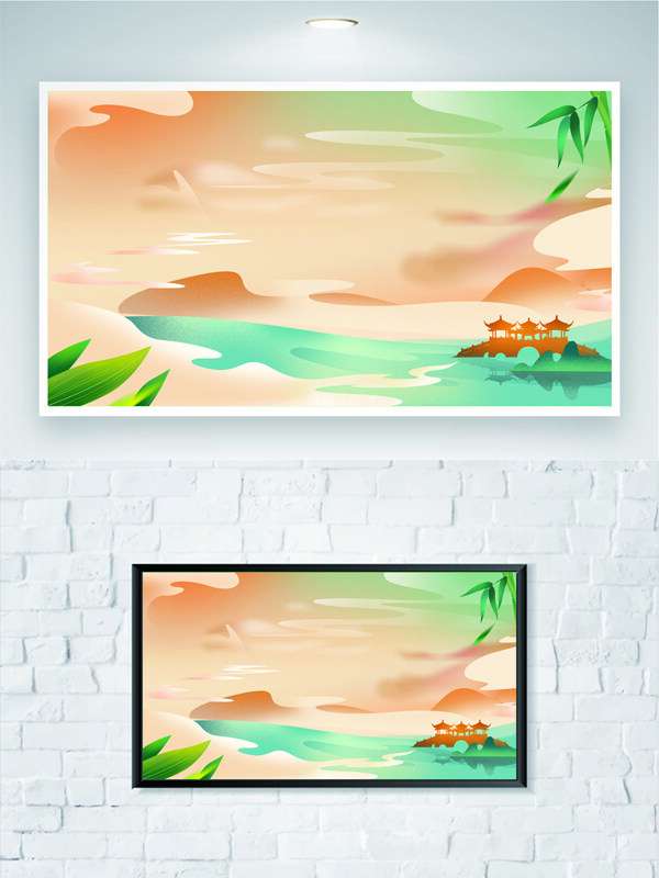 中国风古典意境湖泊景色展板背景
