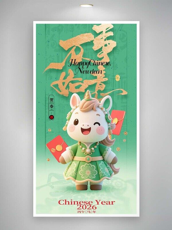 万事胜意卡通独角小马新年新气象绿色海报