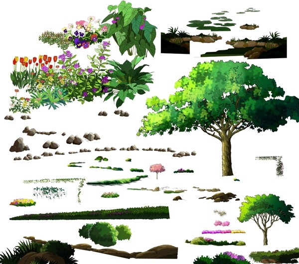 手绘园林景观树木石头花卉效果图