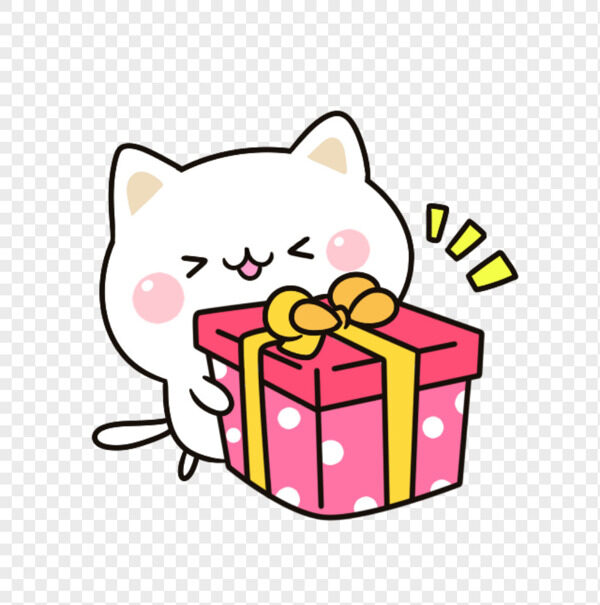 手绘超可爱兴奋白色小猫咪抱着粉色礼物盒
