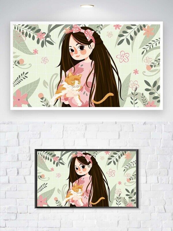 卡通小女孩抱着小猫咪在花草中玩耍