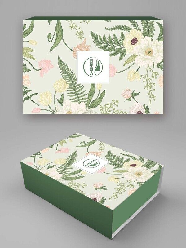 绿色小清新鲜花绿叶方形包装盒设计样机