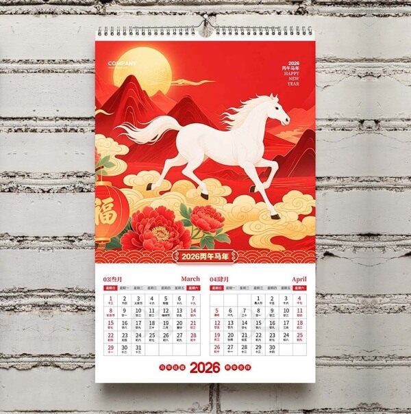 红色国风牡丹祥云白马奔驰三四月份上墙台历