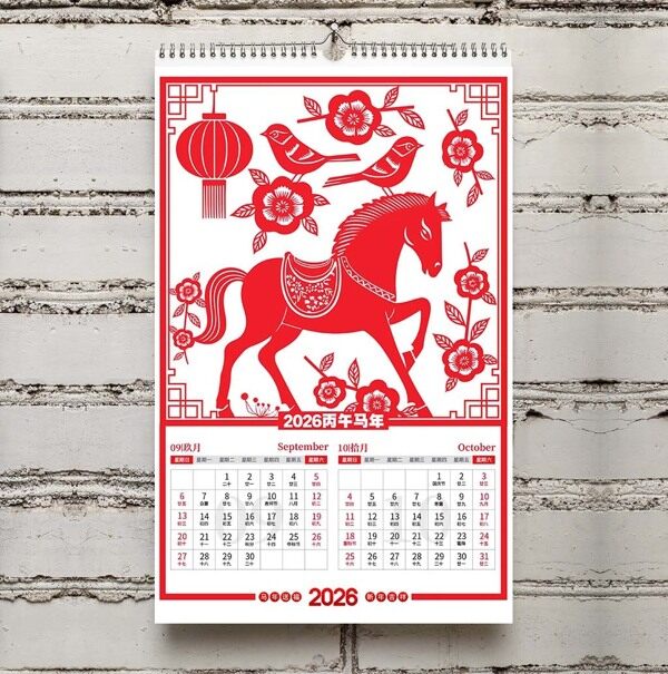 新年骏马喜鹊灯笼红色窗花背景九月十月竖版台历