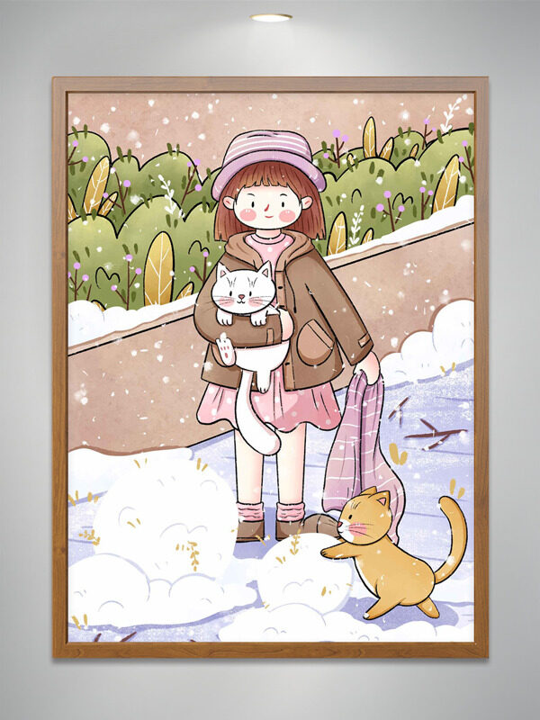 冬季雪景手绘可爱女生小猫堆雪人插画