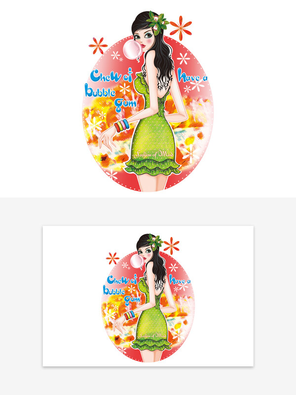 创意手绘时尚卡通女性泡泡糖主题设计图案
