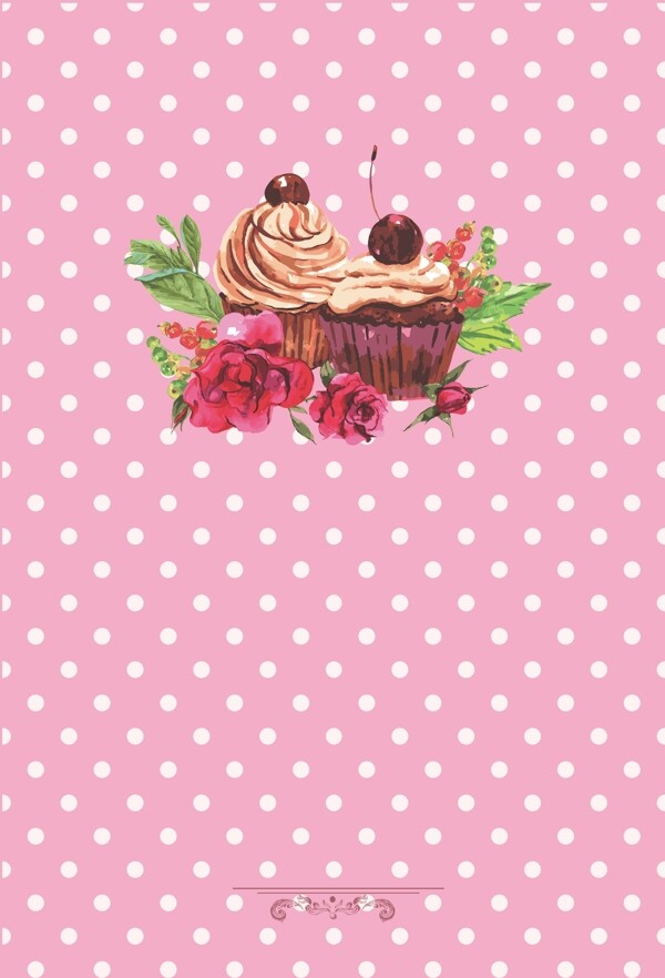 水彩玫瑰纸杯蛋糕甜品海报背景