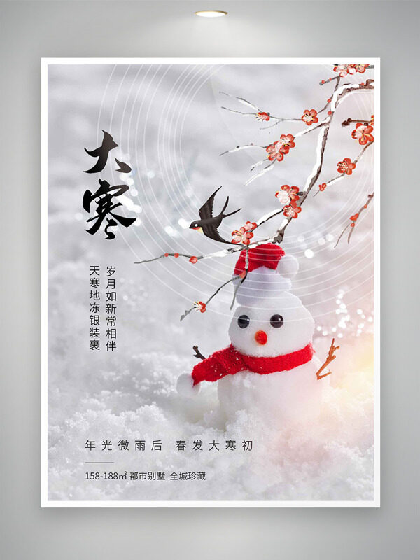 年光微雨后春发大寒出雪人插画传统节气海报