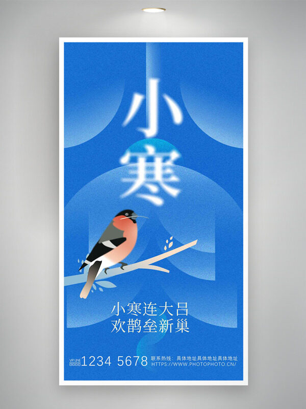 蓝色背景小寒节气扁平小鸟插画主题海报