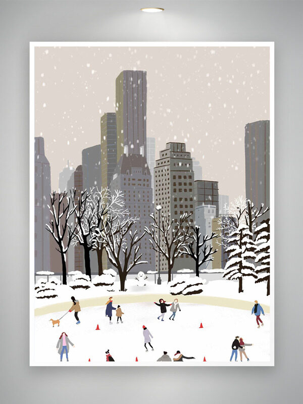 创意城市建筑背景卡通人物户外运动主题插画