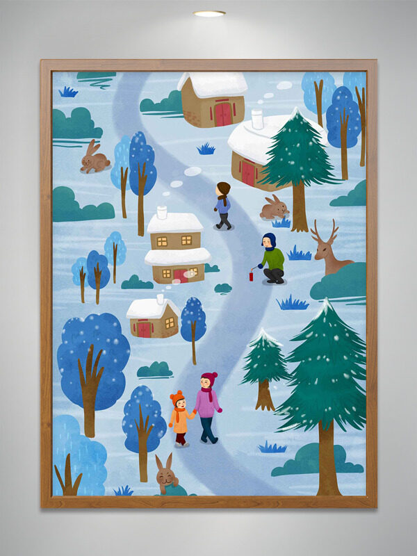 冬季清新氛围简约可爱人物房屋插画