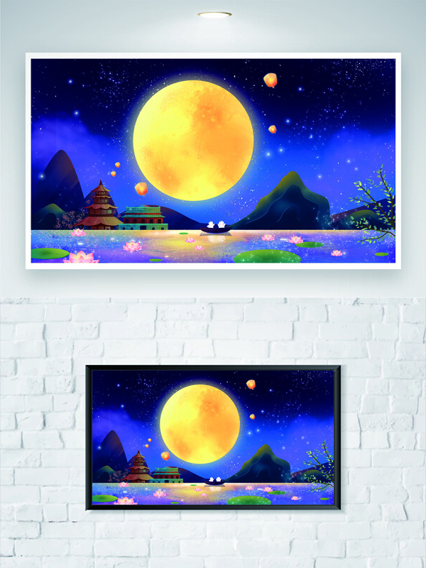唯美夜晚满月高悬创意山水背景建筑插画