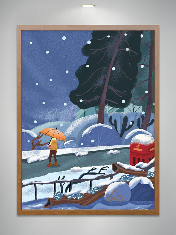 冬日夜晚手绘人物撑伞森林漫步插画