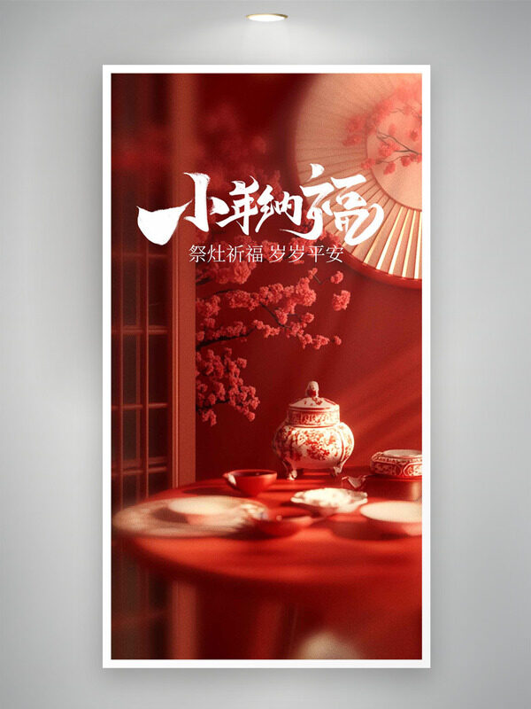 小年纳福祭灶祈福岁岁平安红色主题海报